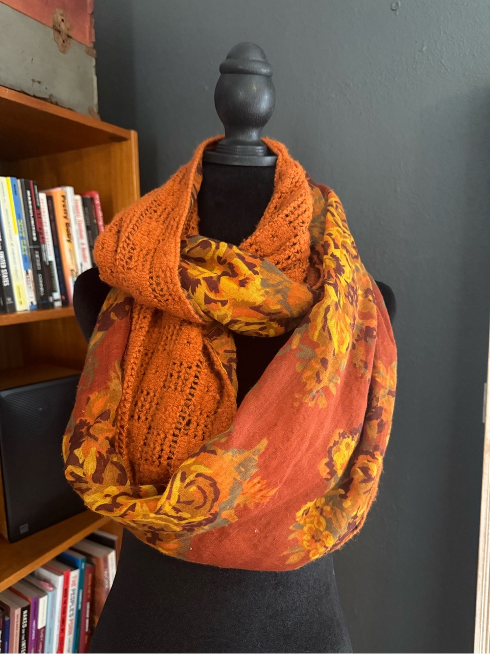 Xhilaration Burnt Orange and Mustard Floral Infinity Scarf